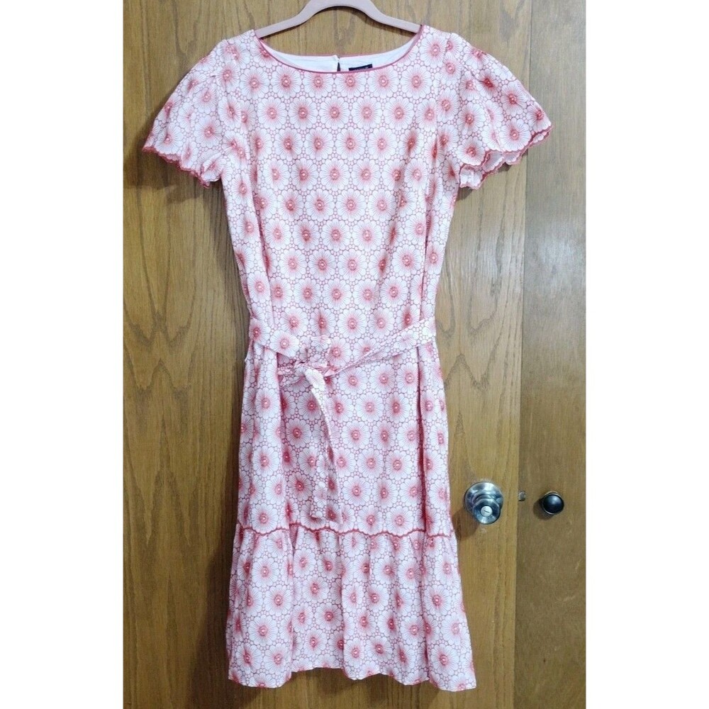 Ann Taylor Dress SMALL Red White Floral Belted 100% Cotton Embroidered Floral